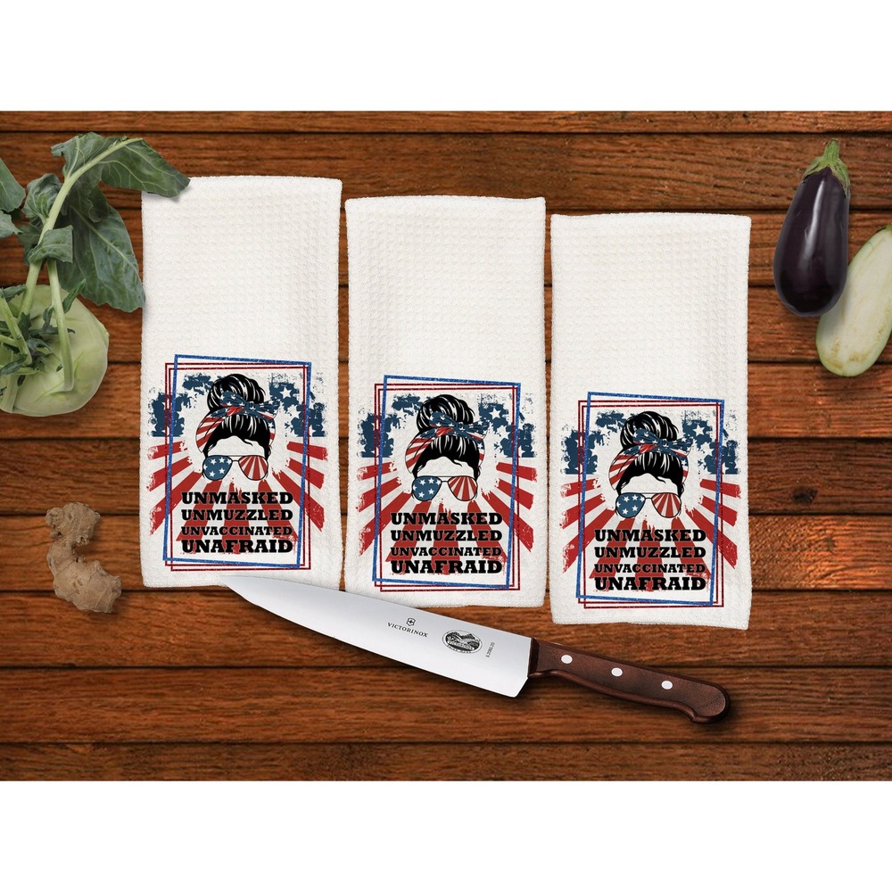 Unmasked, unmuzzled, unvaccinated,‎ unafraid, 4th of July, Set of 3 towels